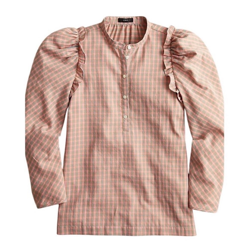 J. Crew Pink and Blue Plaid Puff-Sleeve Ruffle-Shoulder Sz XL